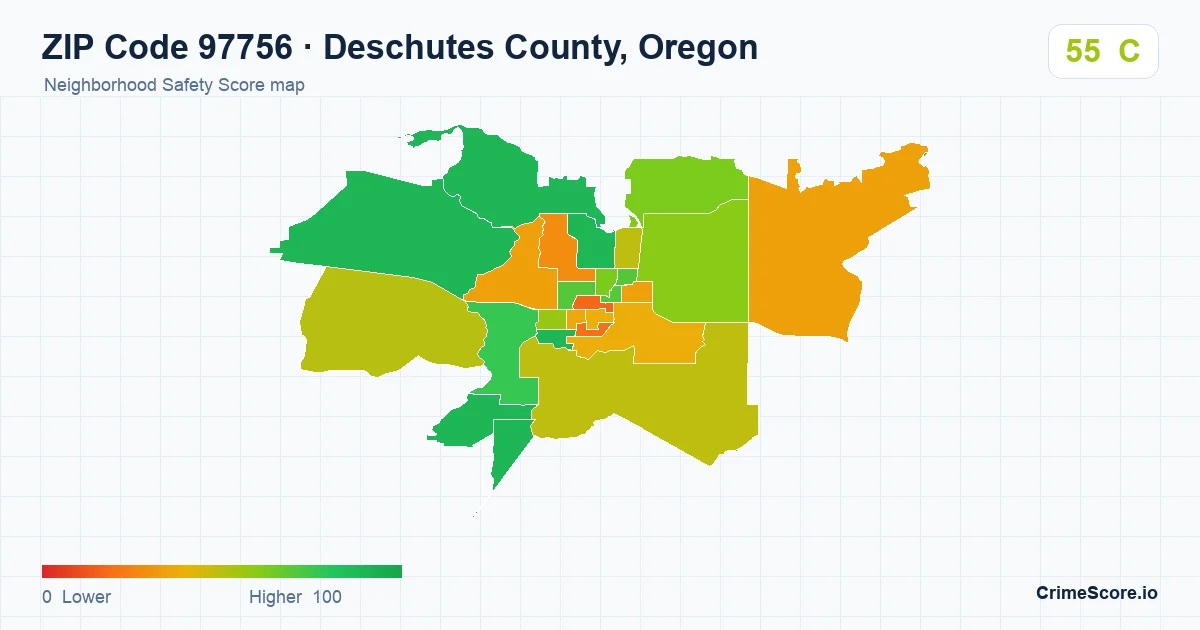 ZIP Code 97756 in Deschutes County, Oregon neighborhood Safety Score map