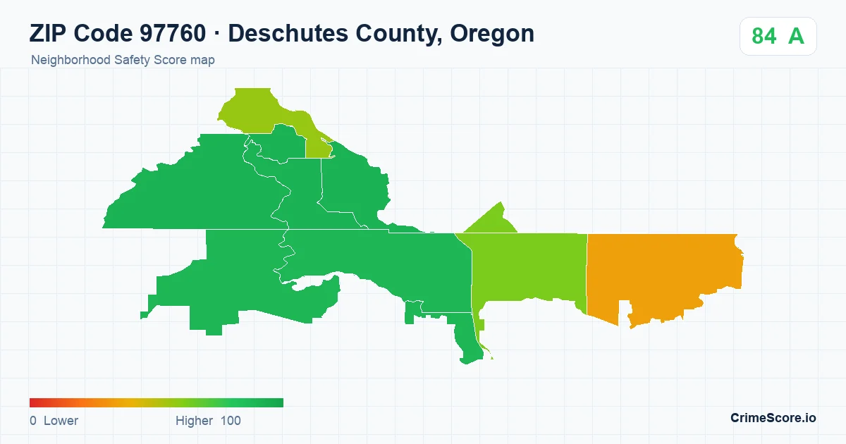 ZIP Code 97760 in Deschutes County, Oregon neighborhood Safety Score map