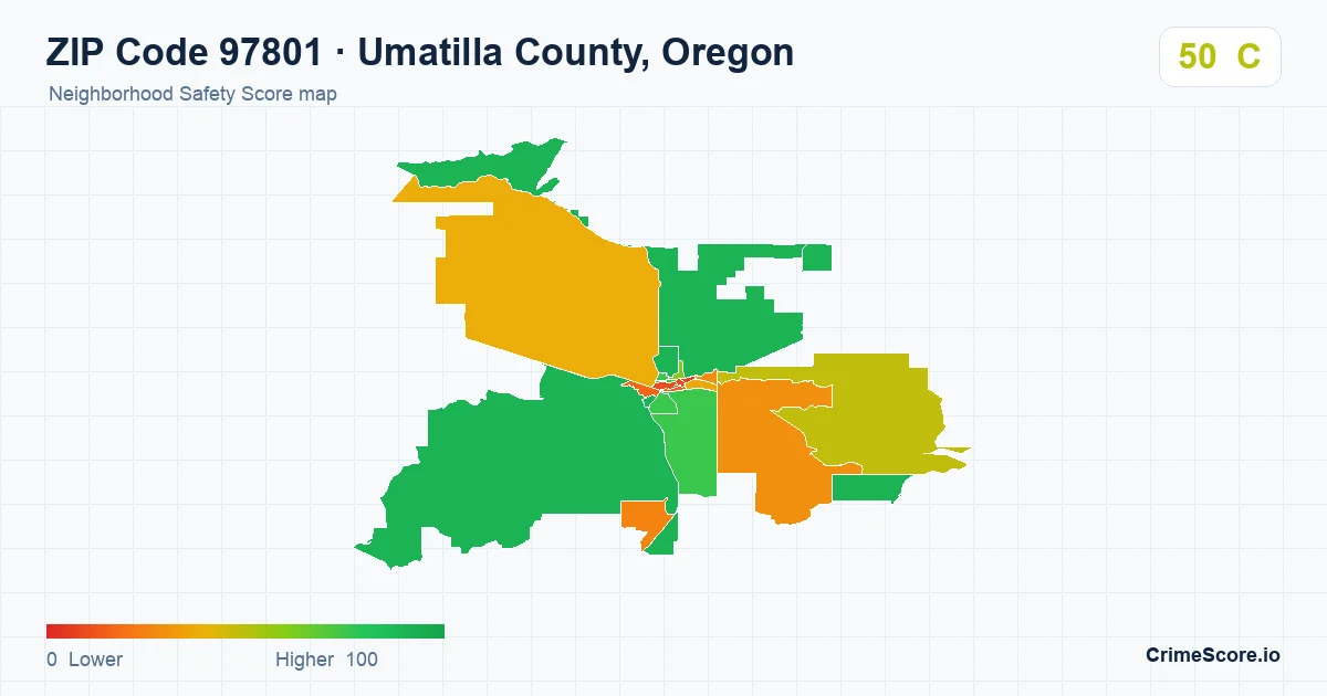 ZIP Code 97801 in Umatilla County, Oregon neighborhood Safety Score map