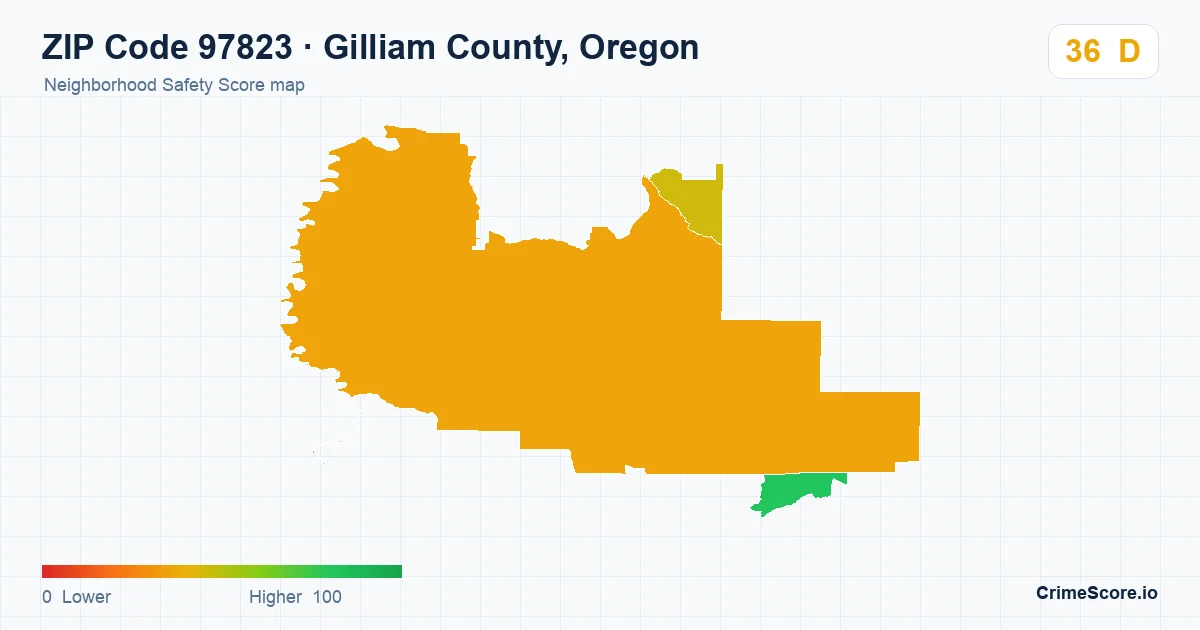 ZIP Code 97823 in Gilliam County, Oregon neighborhood Safety Score map