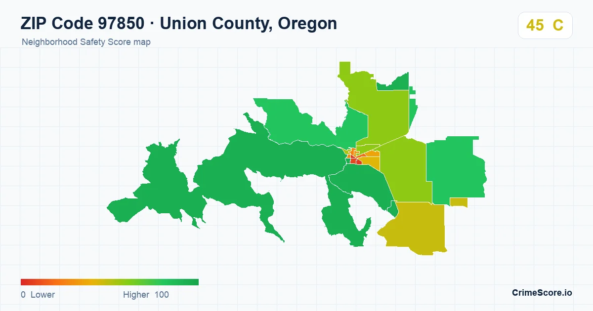 ZIP Code 97850 in Union County, Oregon neighborhood Safety Score map