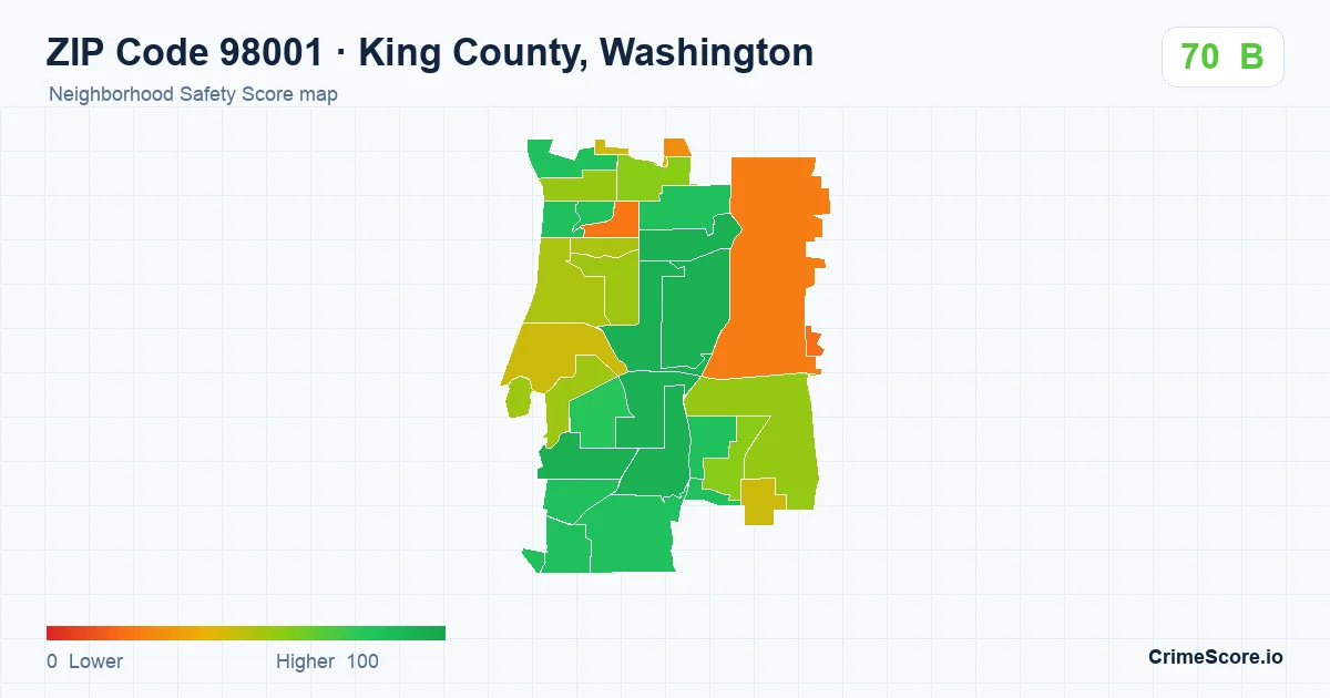 ZIP Code 98001 in King County, Washington neighborhood Safety Score map