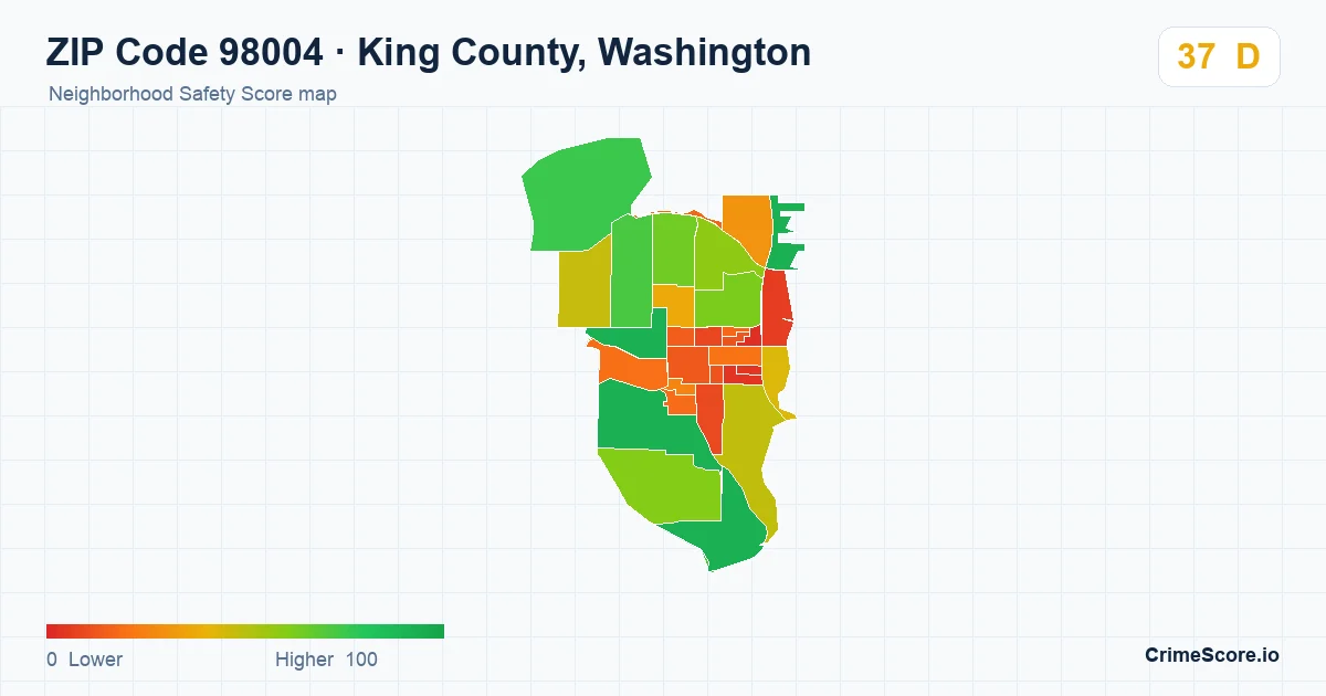 ZIP Code 98004 in King County, Washington neighborhood Safety Score map