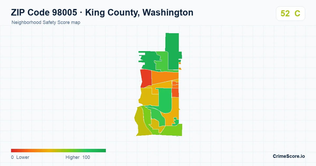 ZIP Code 98005 in King County, Washington neighborhood Safety Score map