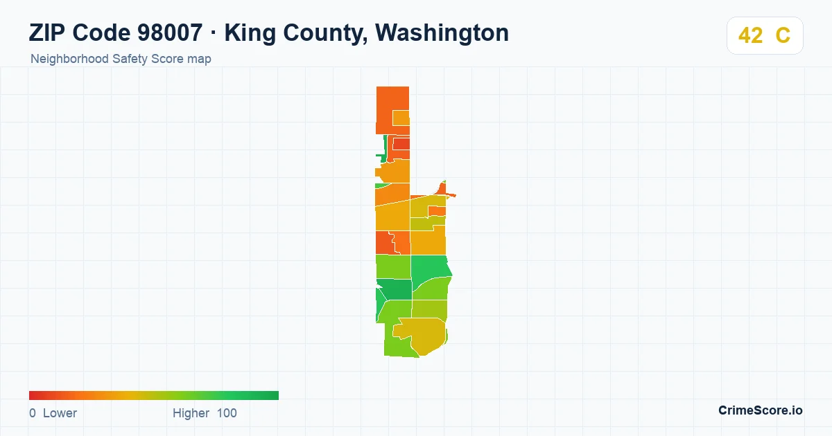 ZIP Code 98007 in King County, Washington neighborhood Safety Score map