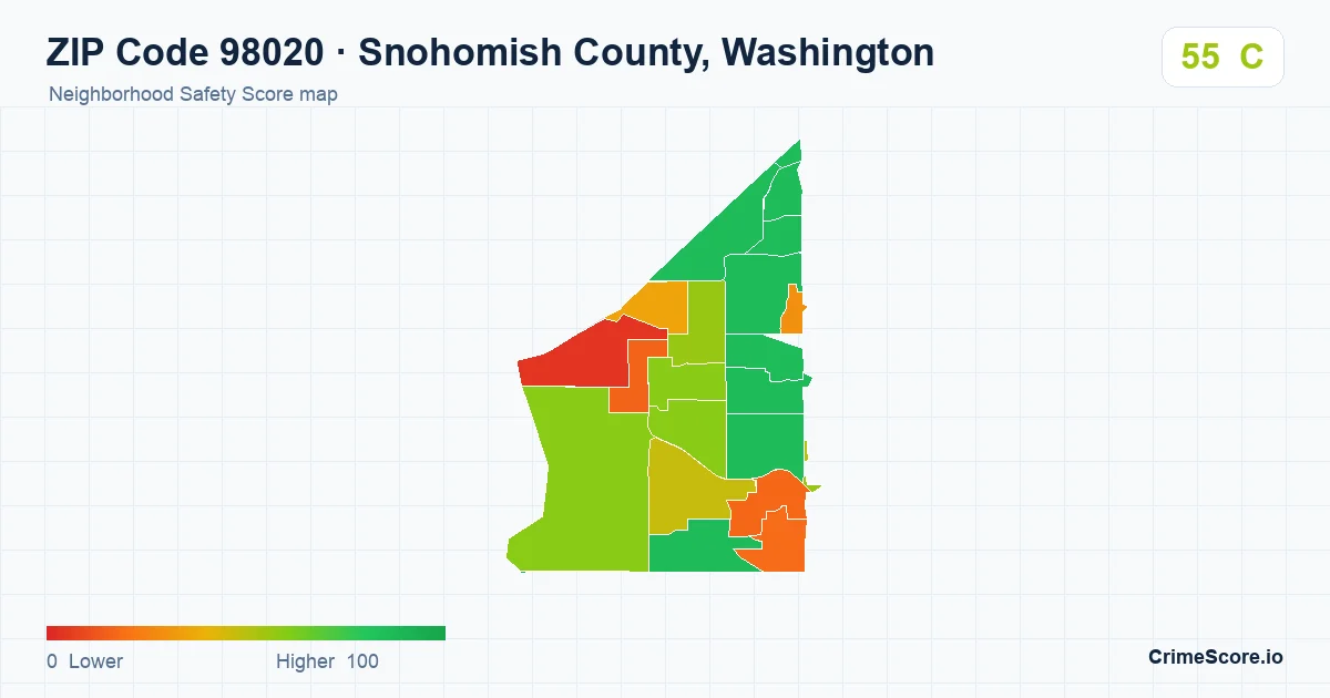 ZIP Code 98020 in Snohomish County, Washington neighborhood Safety Score map