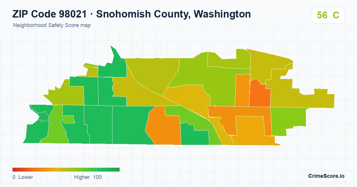 ZIP Code 98021 in Snohomish County, Washington neighborhood Safety Score map