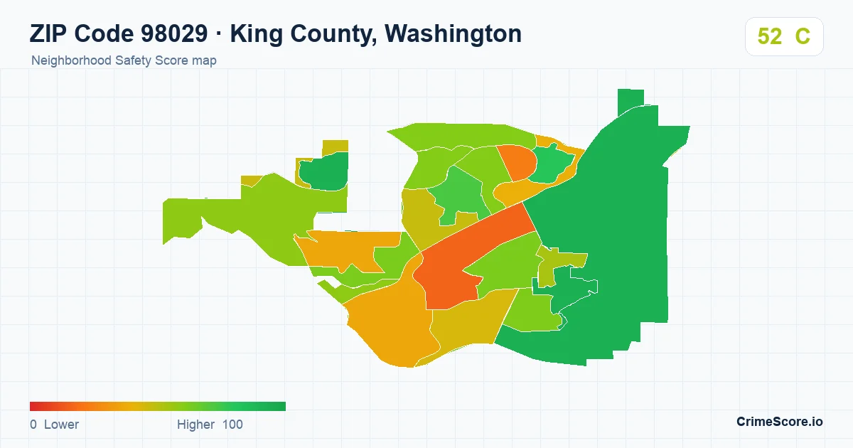 ZIP Code 98029 in King County, Washington neighborhood Safety Score map