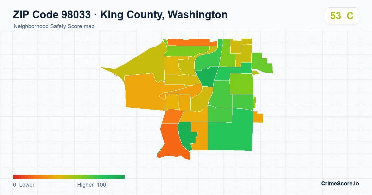 ZIP Code 98033 in King County, Washington neighborhood Safety Score map