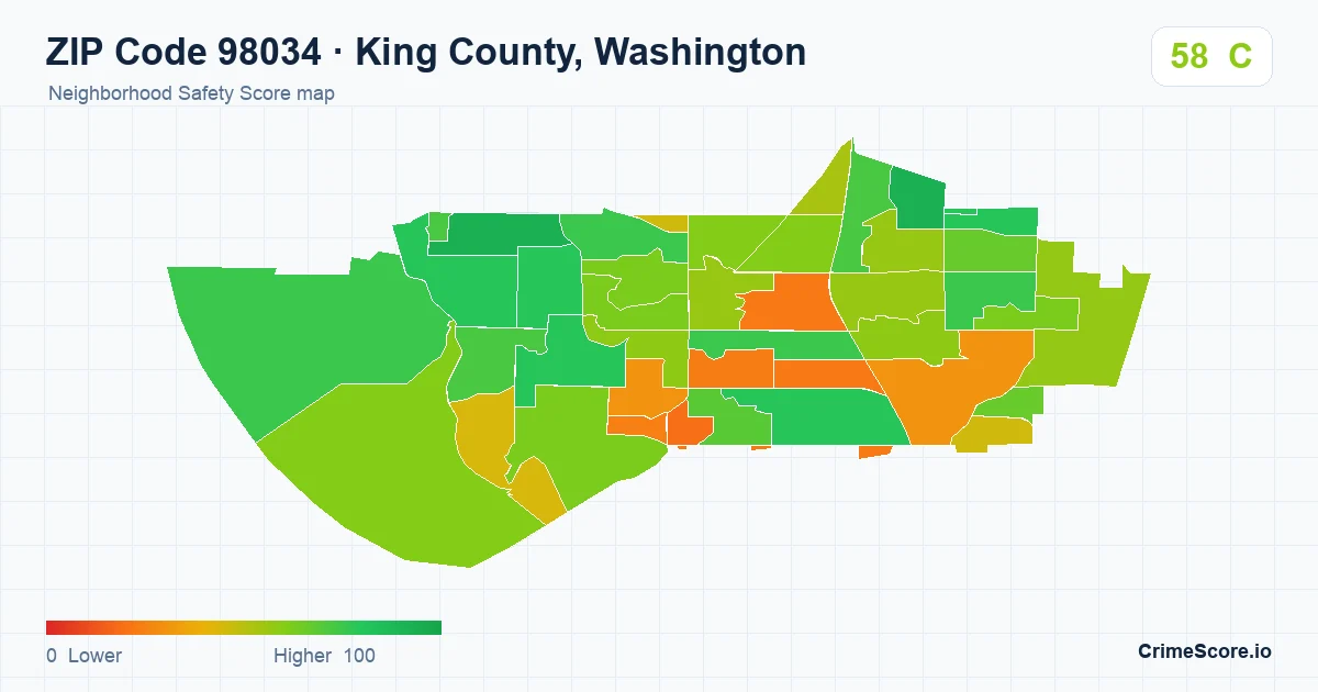 ZIP Code 98034 in King County, Washington neighborhood Safety Score map