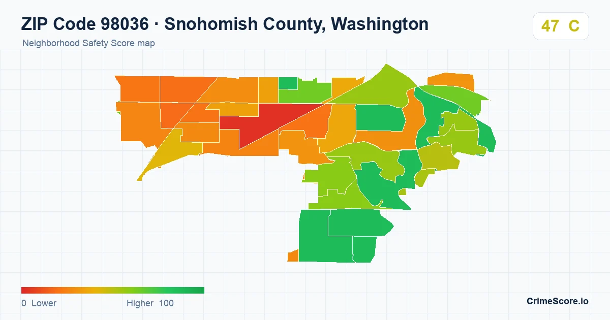 ZIP Code 98036 in Snohomish County, Washington neighborhood Safety Score map
