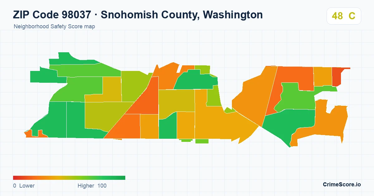 ZIP Code 98037 in Snohomish County, Washington neighborhood Safety Score map