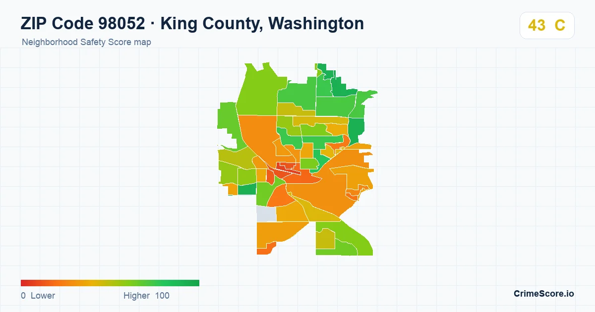 ZIP Code 98052 in King County, Washington neighborhood Safety Score map