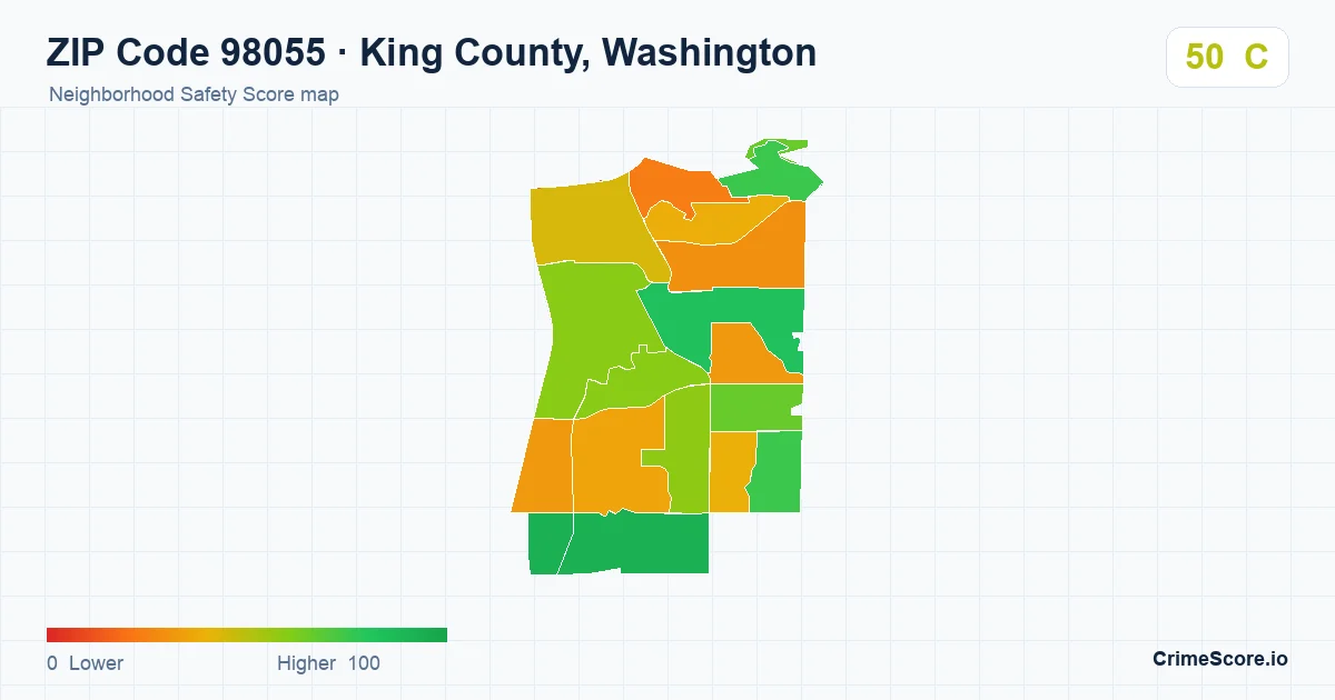 ZIP Code 98055 in King County, Washington neighborhood Safety Score map