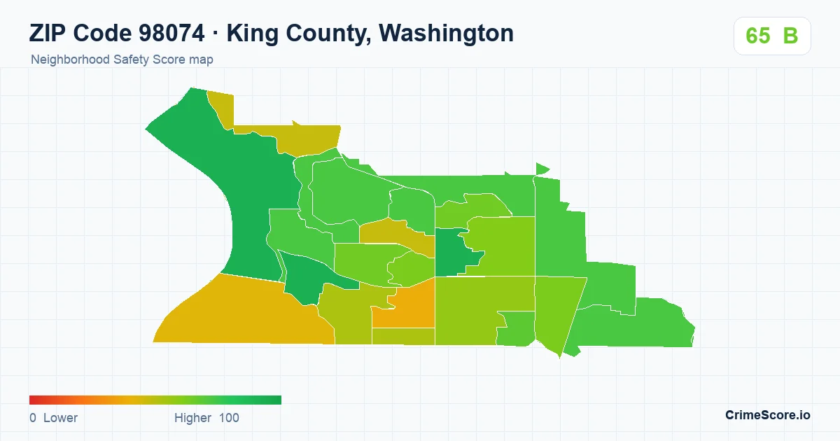 ZIP Code 98074 in King County, Washington neighborhood Safety Score map