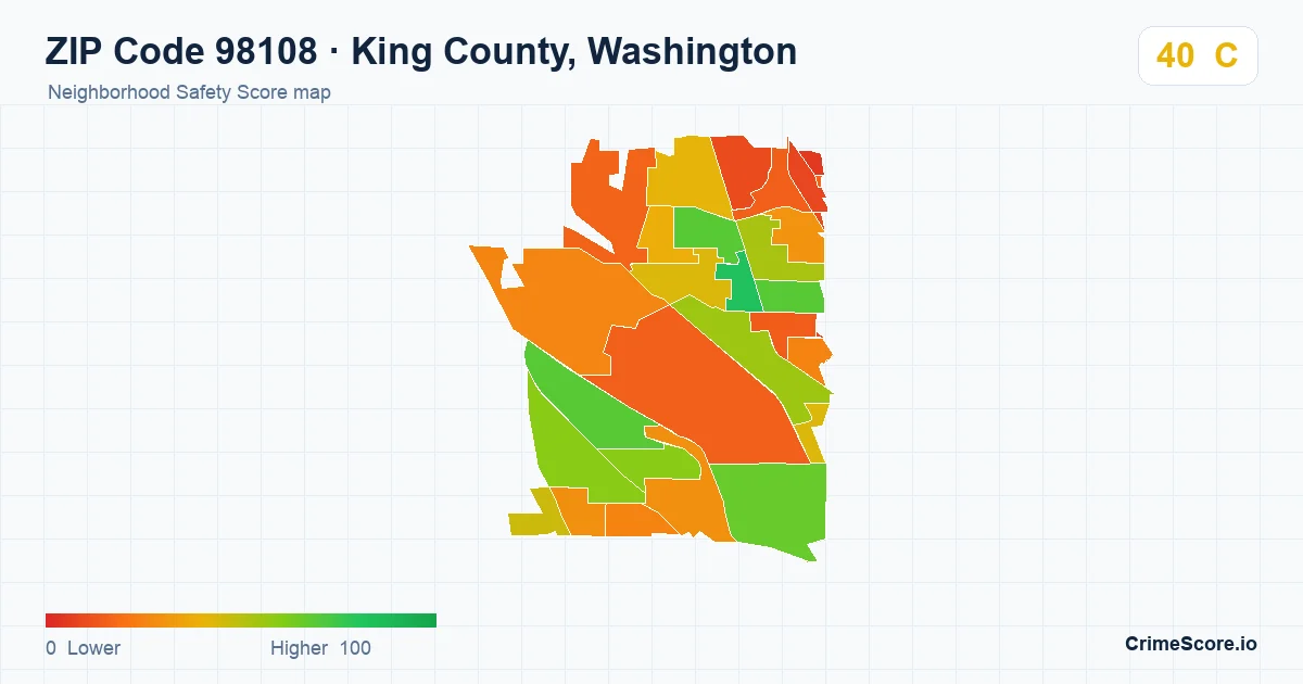 ZIP Code 98108 in King County, Washington neighborhood Safety Score map