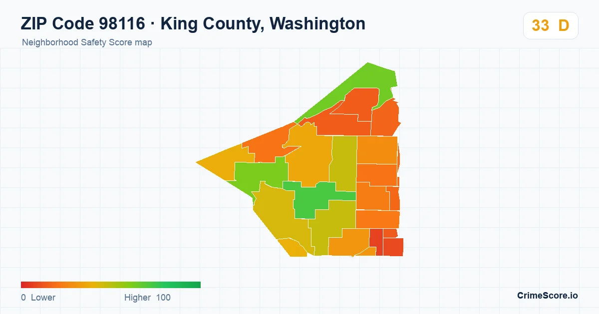 ZIP Code 98116 in King County, Washington neighborhood Safety Score map