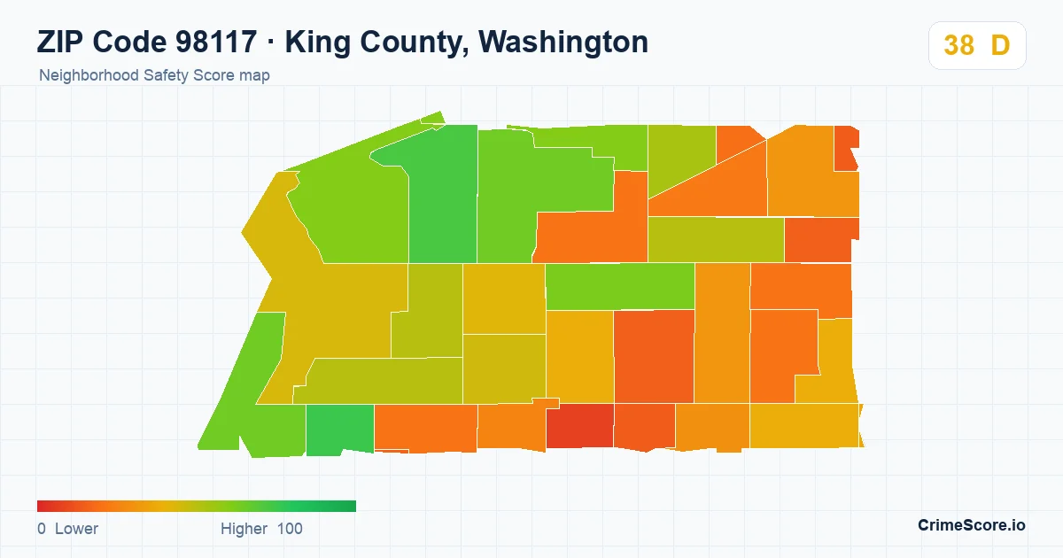 ZIP Code 98117 in King County, Washington neighborhood Safety Score map