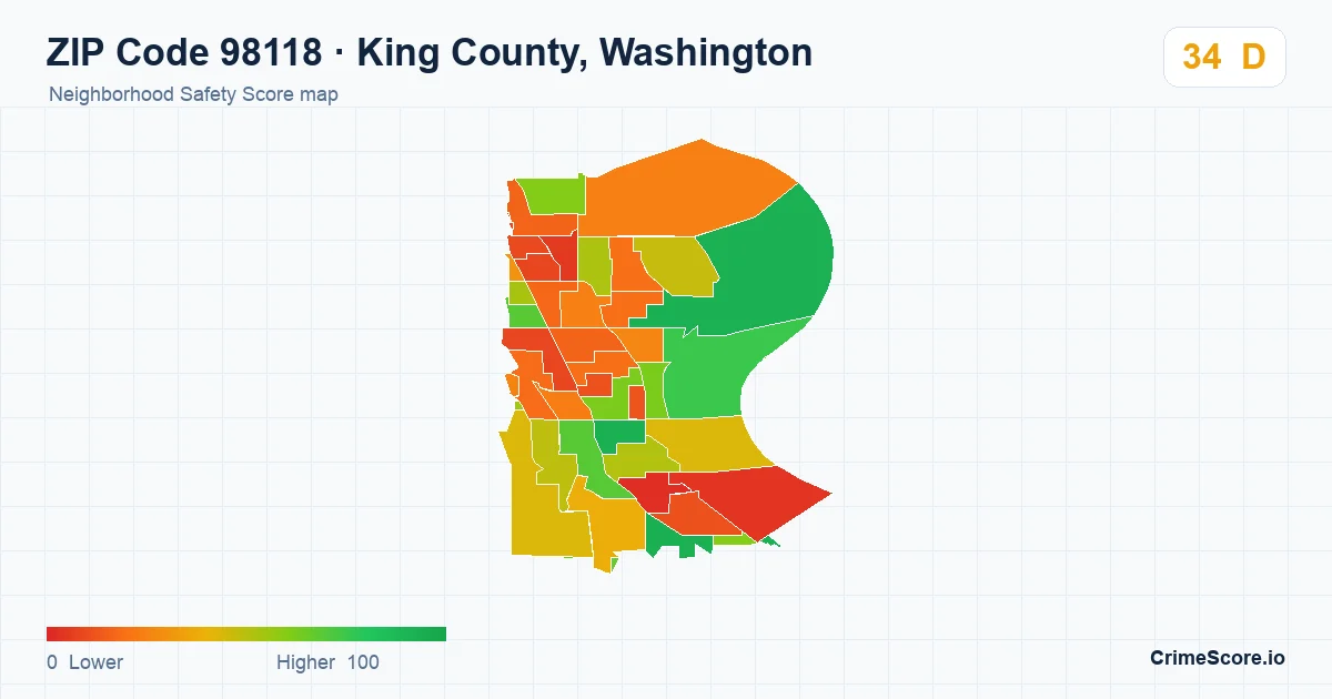 ZIP Code 98118 in King County, Washington neighborhood Safety Score map