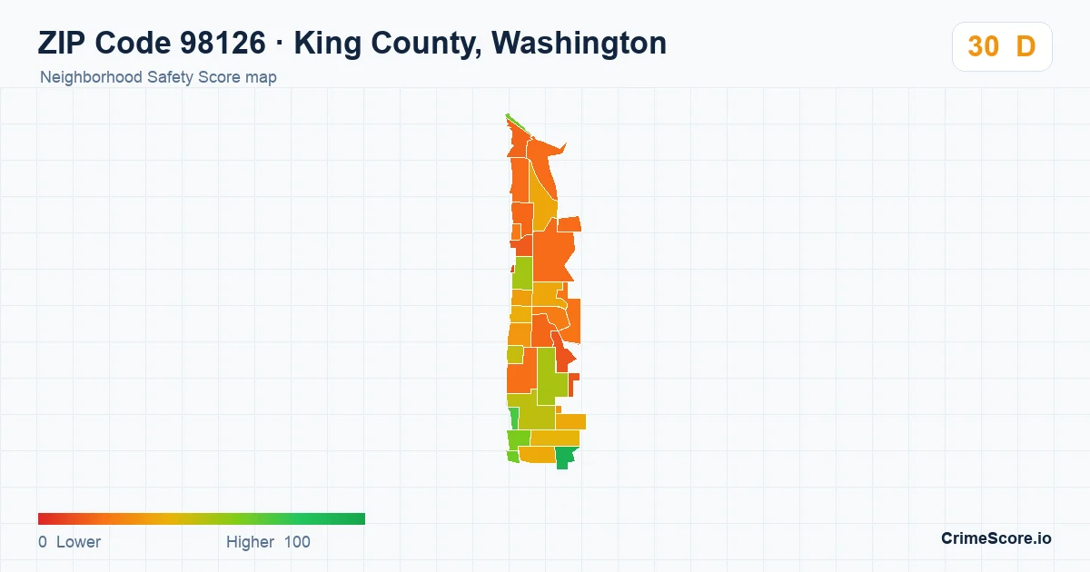ZIP Code 98126 in King County, Washington neighborhood Safety Score map