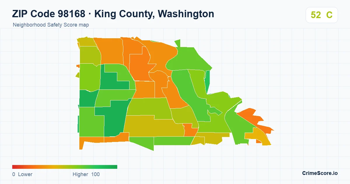 ZIP Code 98168 in King County, Washington neighborhood Safety Score map
