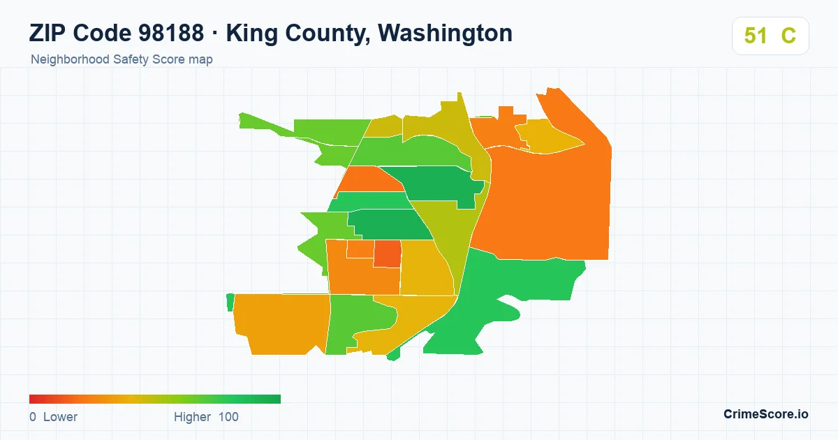 ZIP Code 98188 in King County, Washington neighborhood Safety Score map