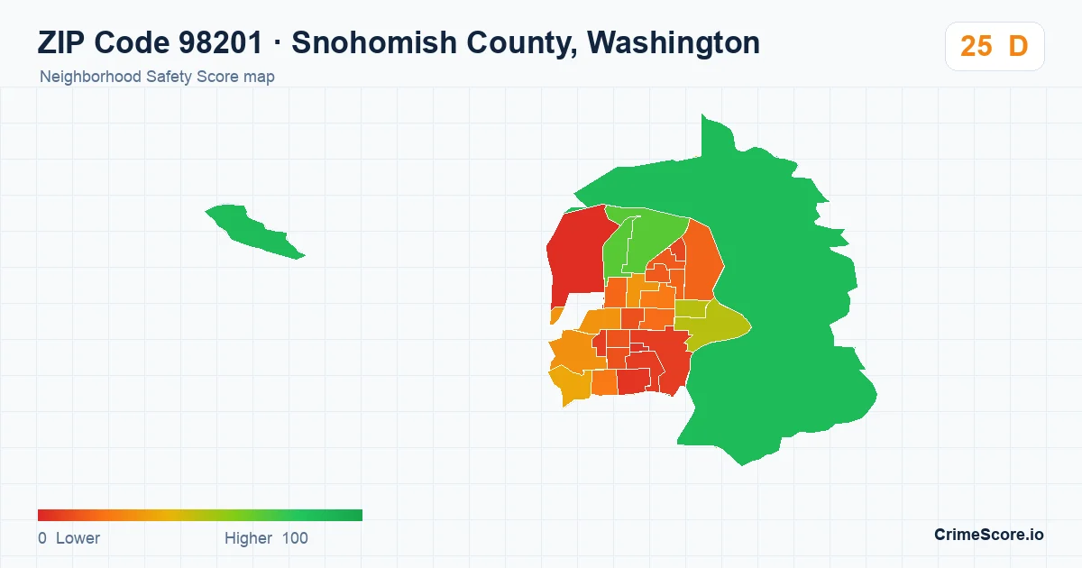 ZIP Code 98201 in Snohomish County, Washington neighborhood Safety Score map