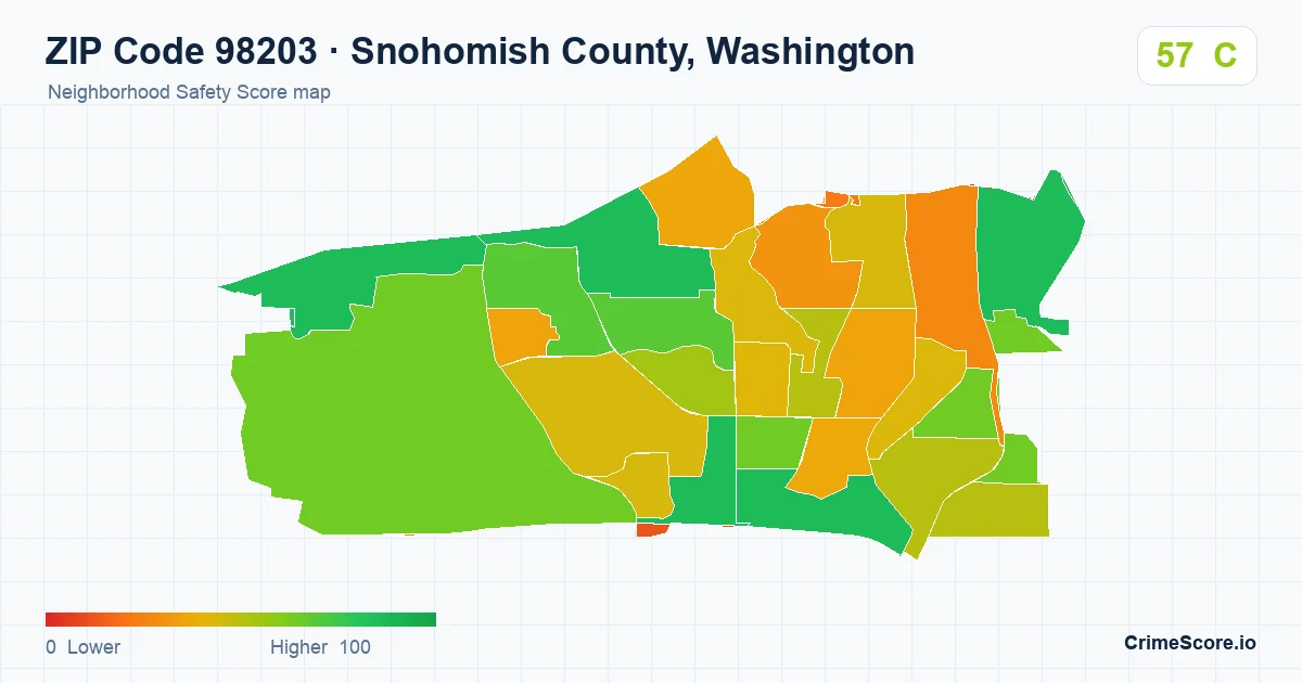 ZIP Code 98203 in Snohomish County, Washington neighborhood Safety Score map
