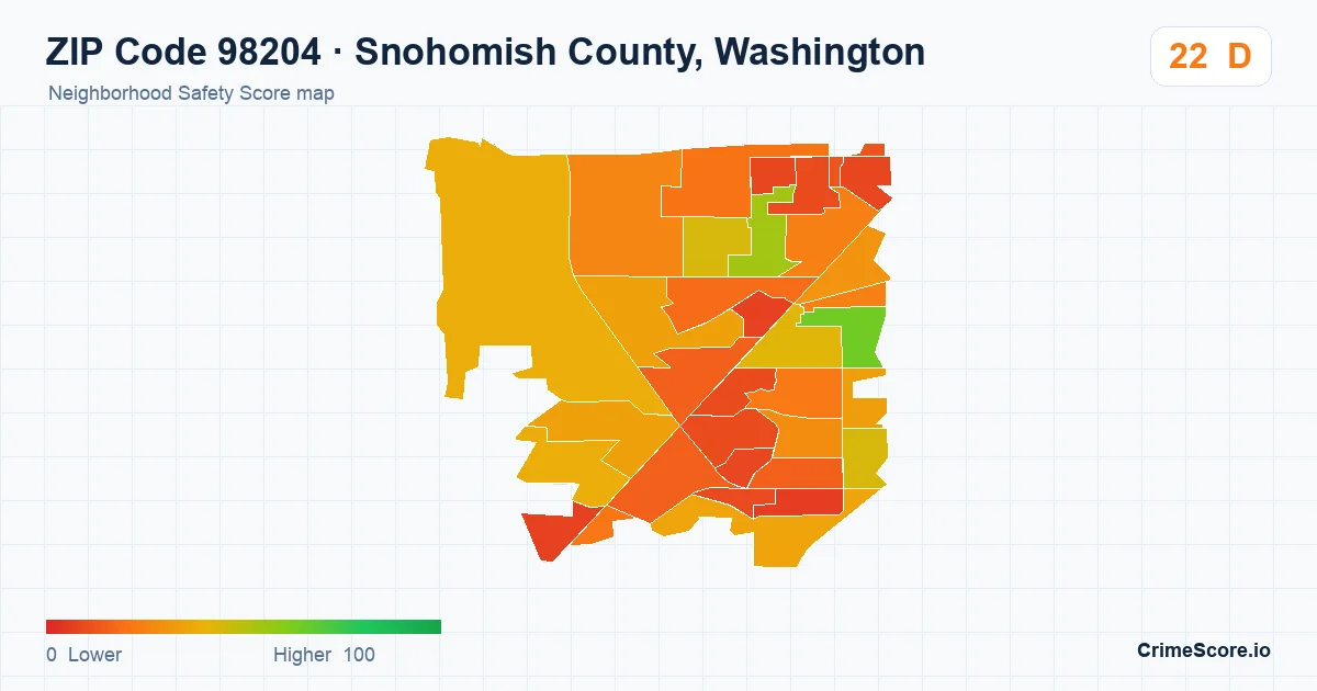ZIP Code 98204 in Snohomish County, Washington neighborhood Safety Score map