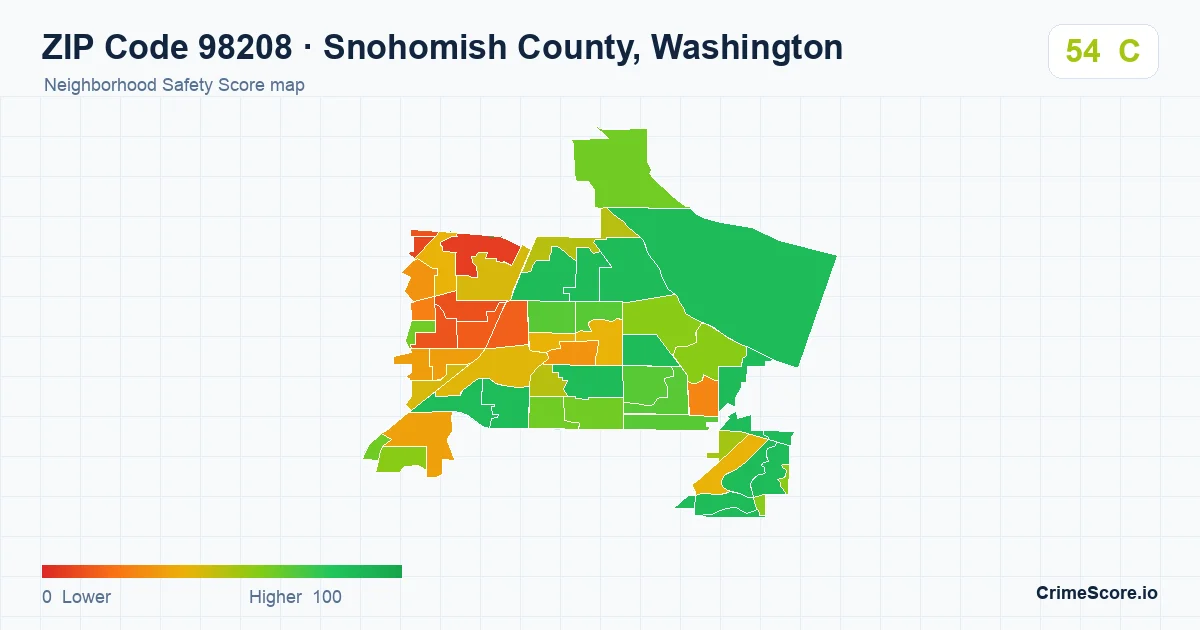ZIP Code 98208 in Snohomish County, Washington neighborhood Safety Score map