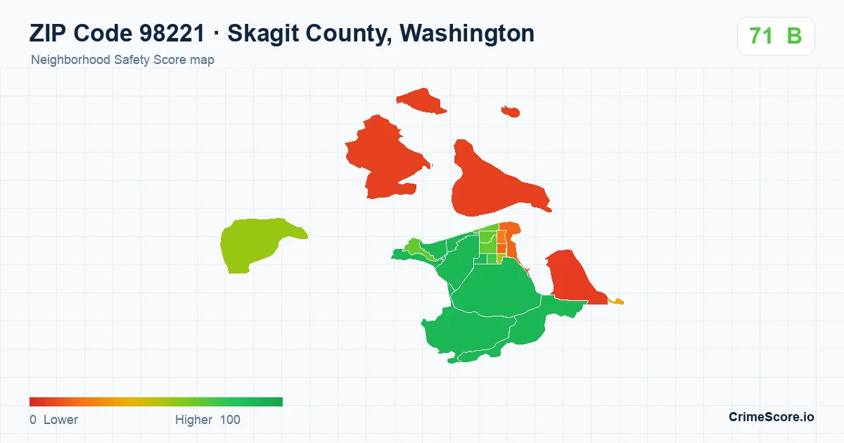 ZIP Code 98221 in Skagit County, Washington neighborhood Safety Score map