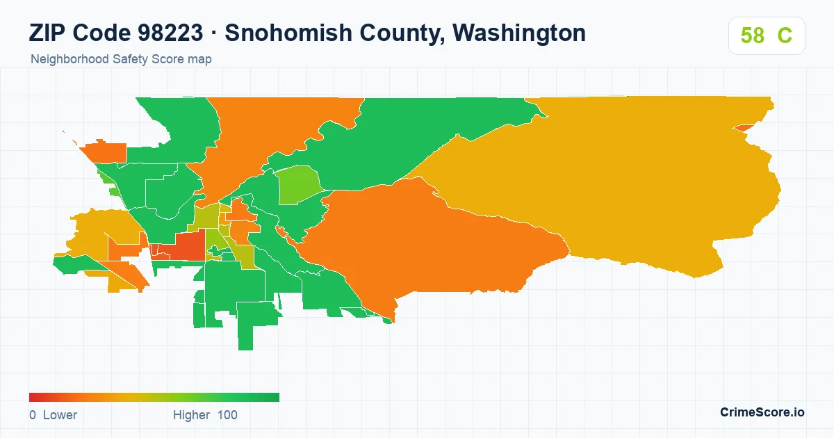 ZIP Code 98223 in Snohomish County, Washington neighborhood Safety Score map