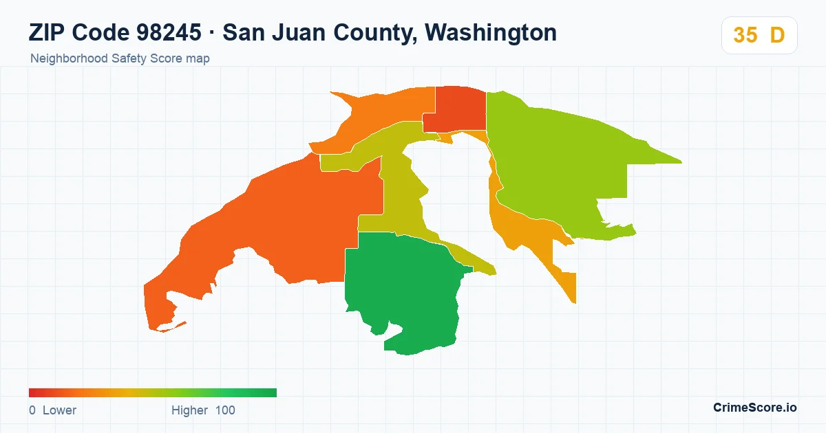 ZIP Code 98245 in San Juan County, Washington neighborhood Safety Score map