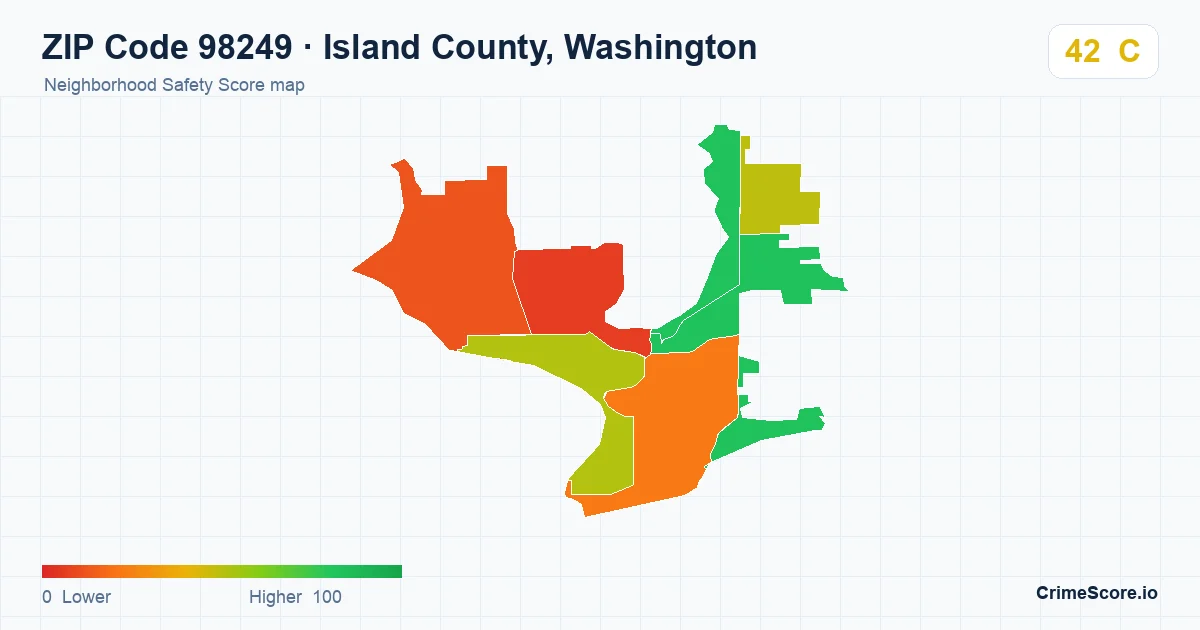 ZIP Code 98249 in Island County, Washington neighborhood Safety Score map
