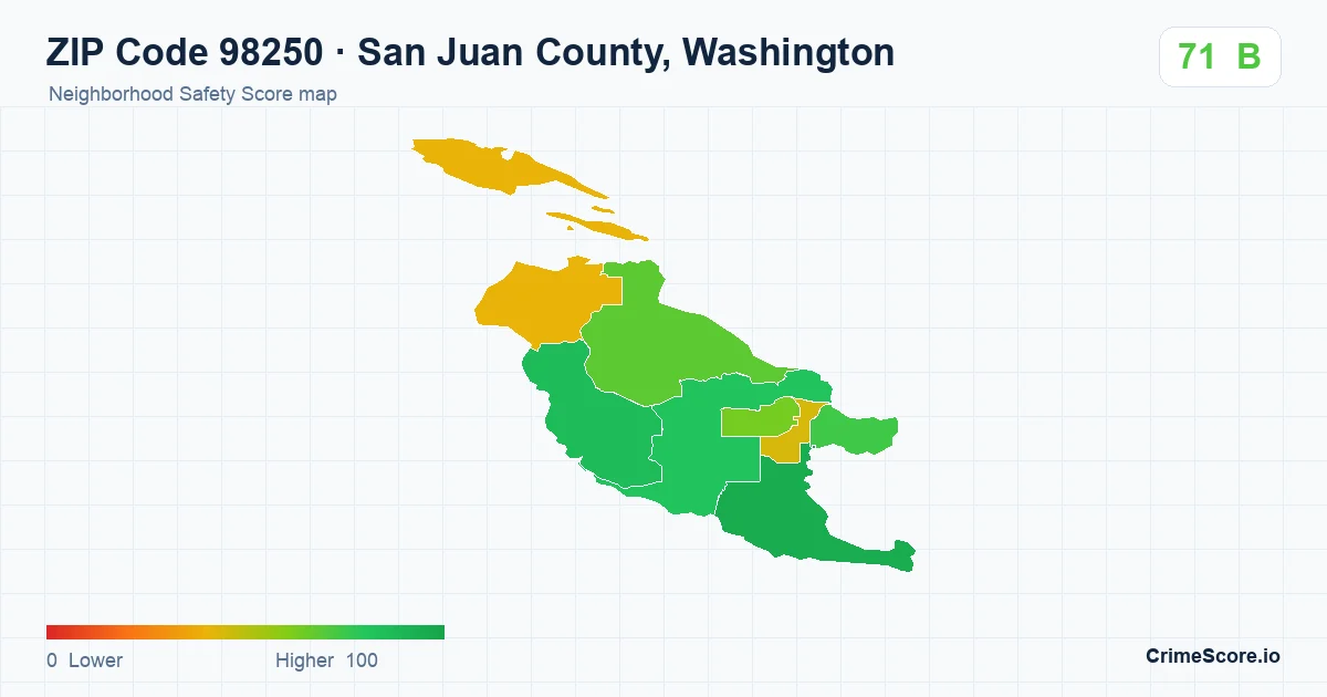 ZIP Code 98250 in San Juan County, Washington neighborhood Safety Score map