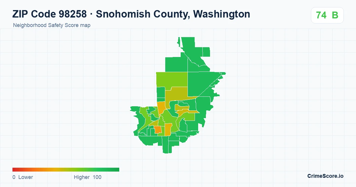 ZIP Code 98258 in Snohomish County, Washington neighborhood Safety Score map