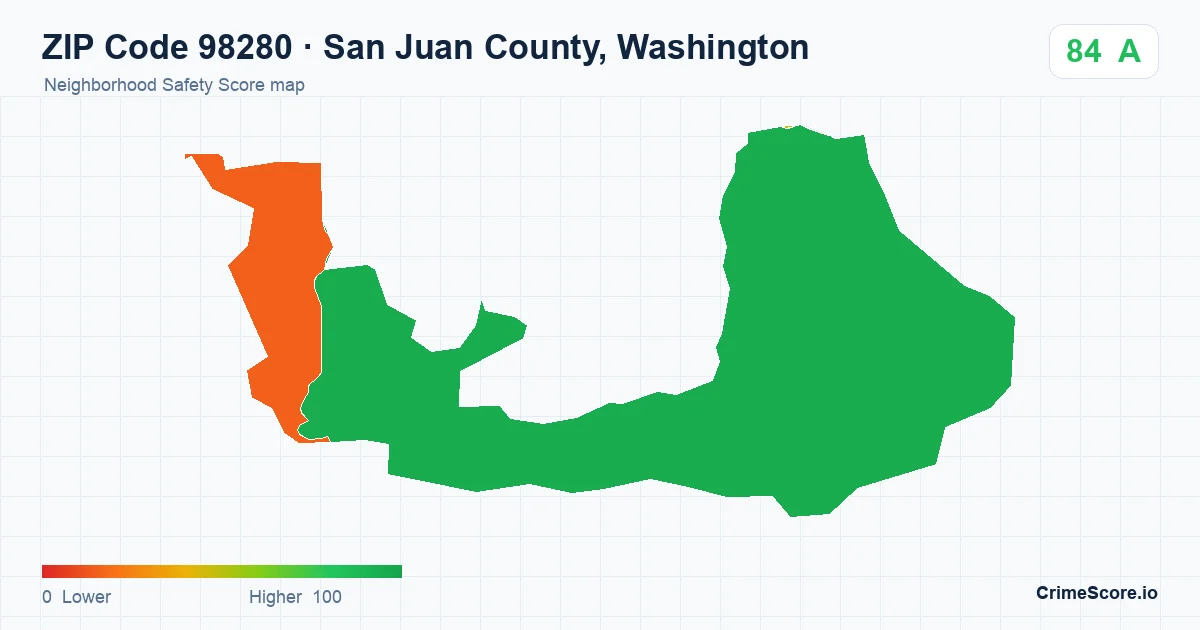 ZIP Code 98280 in San Juan County, Washington neighborhood Safety Score map