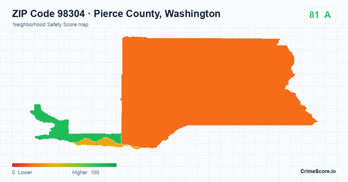 ZIP Code 98304 in Pierce County, Washington neighborhood Safety Score map