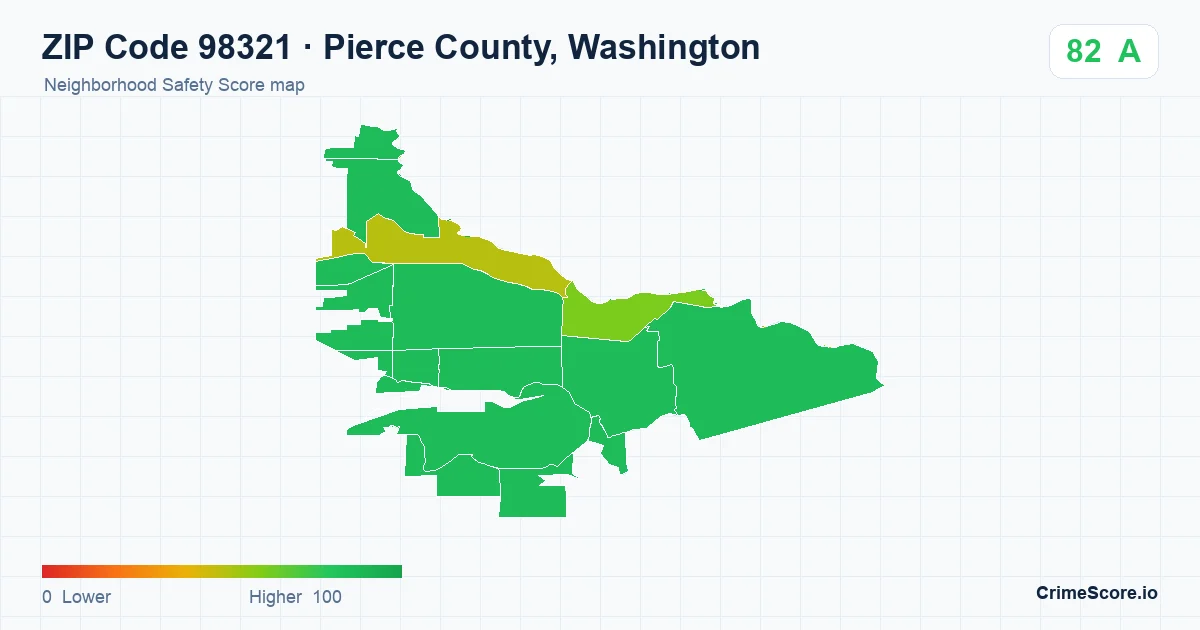 ZIP Code 98321 in Pierce County, Washington neighborhood Safety Score map