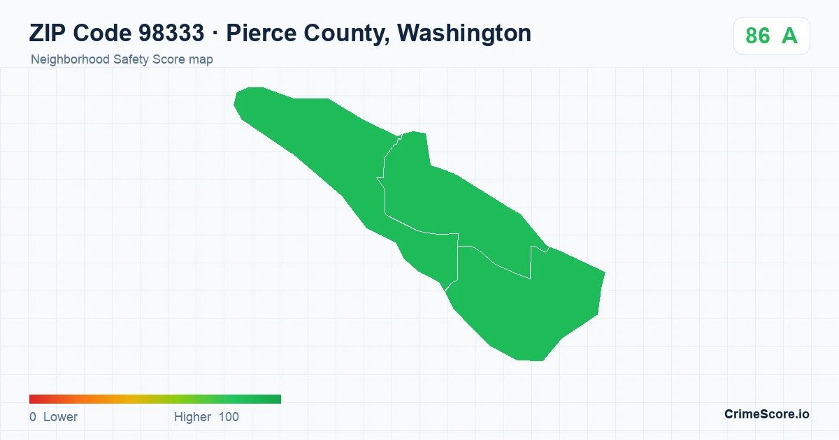 ZIP Code 98333 in Pierce County, Washington neighborhood Safety Score map