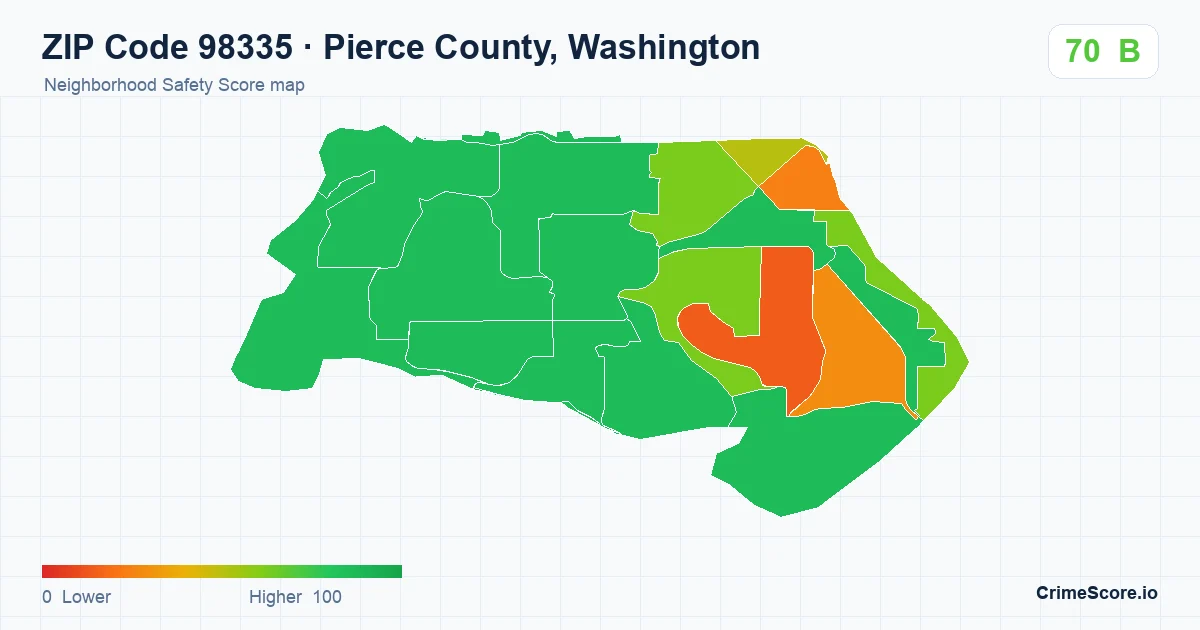 ZIP Code 98335 in Pierce County, Washington neighborhood Safety Score map