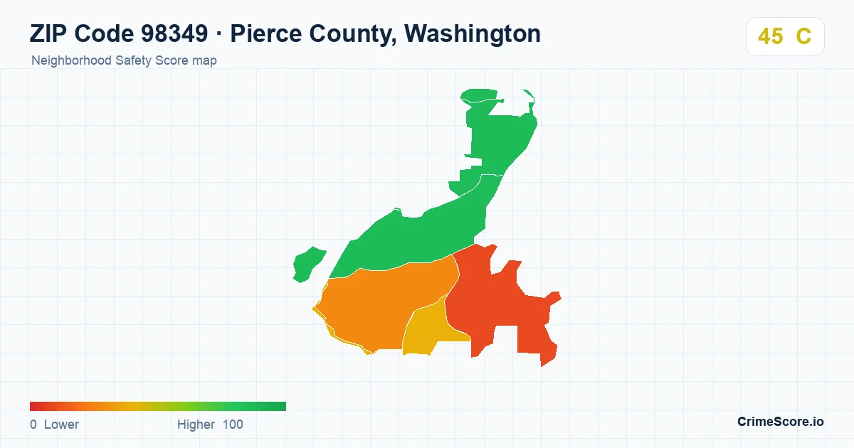 ZIP Code 98349 in Pierce County, Washington neighborhood Safety Score map