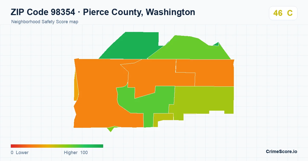 ZIP Code 98354 in Pierce County, Washington neighborhood Safety Score map