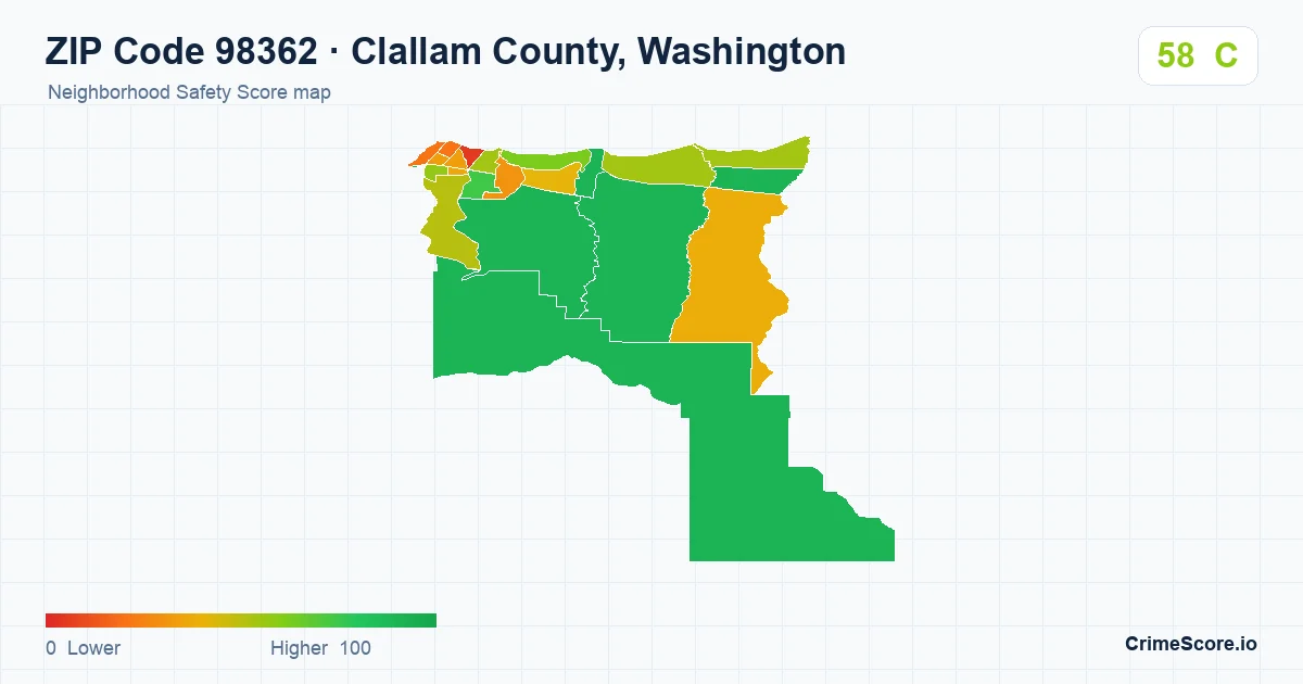 ZIP Code 98362 in Clallam County, Washington neighborhood Safety Score map