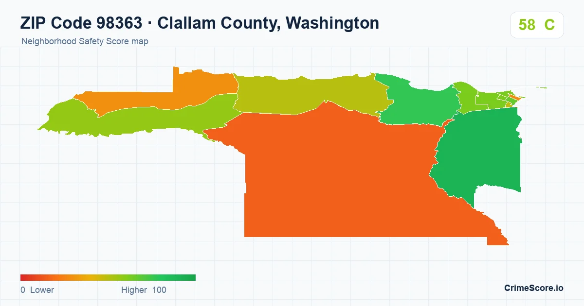 ZIP Code 98363 in Clallam County, Washington neighborhood Safety Score map