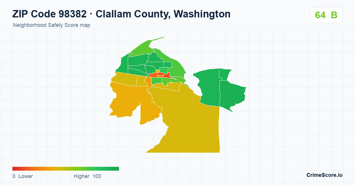 ZIP Code 98382 in Clallam County, Washington neighborhood Safety Score map