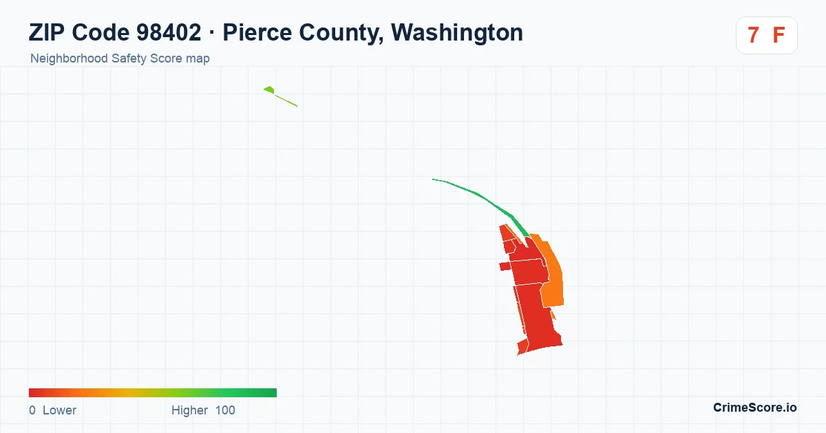 ZIP Code 98402 in Pierce County, Washington neighborhood Safety Score map