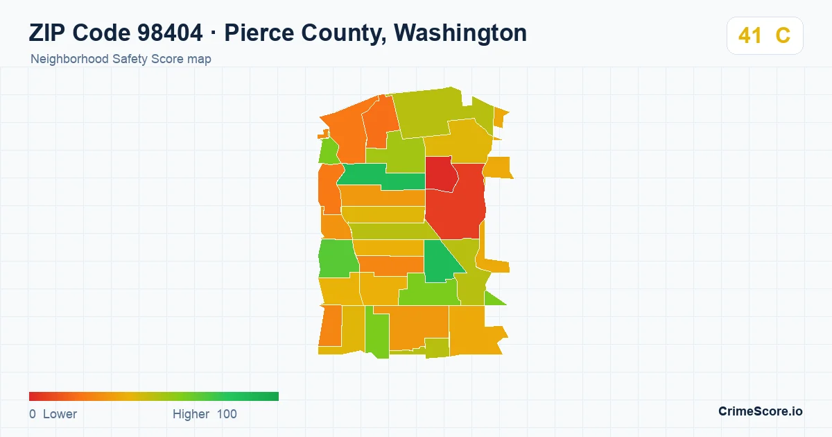 ZIP Code 98404 in Pierce County, Washington neighborhood Safety Score map