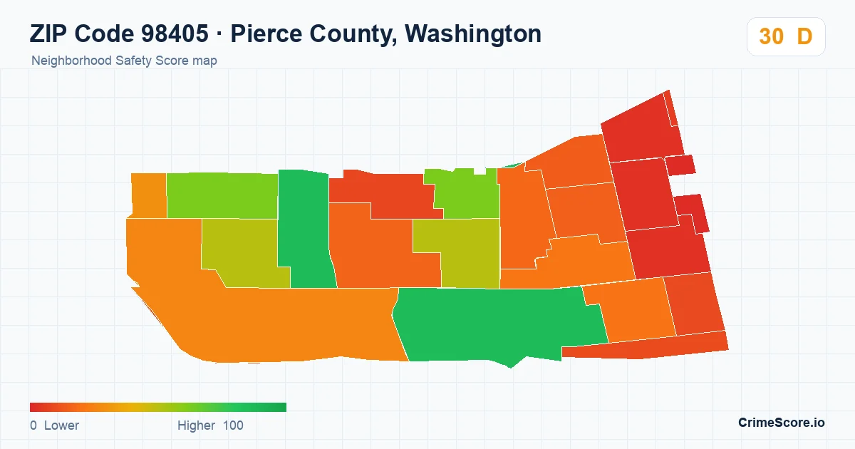 ZIP Code 98405 in Pierce County, Washington neighborhood Safety Score map
