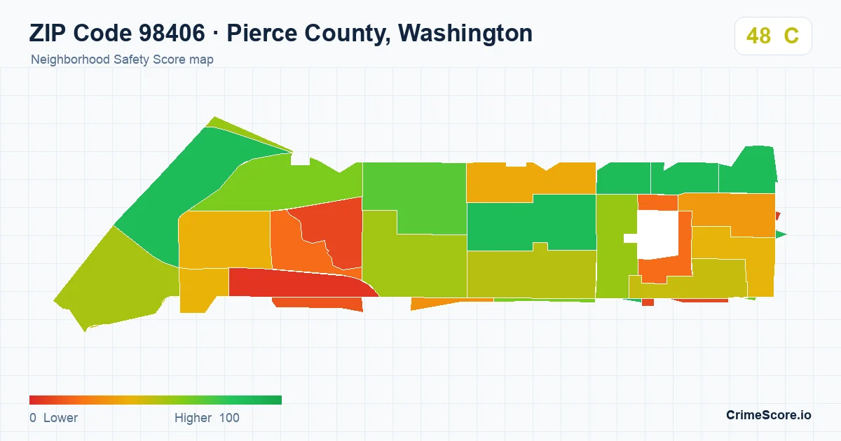 ZIP Code 98406 in Pierce County, Washington neighborhood Safety Score map